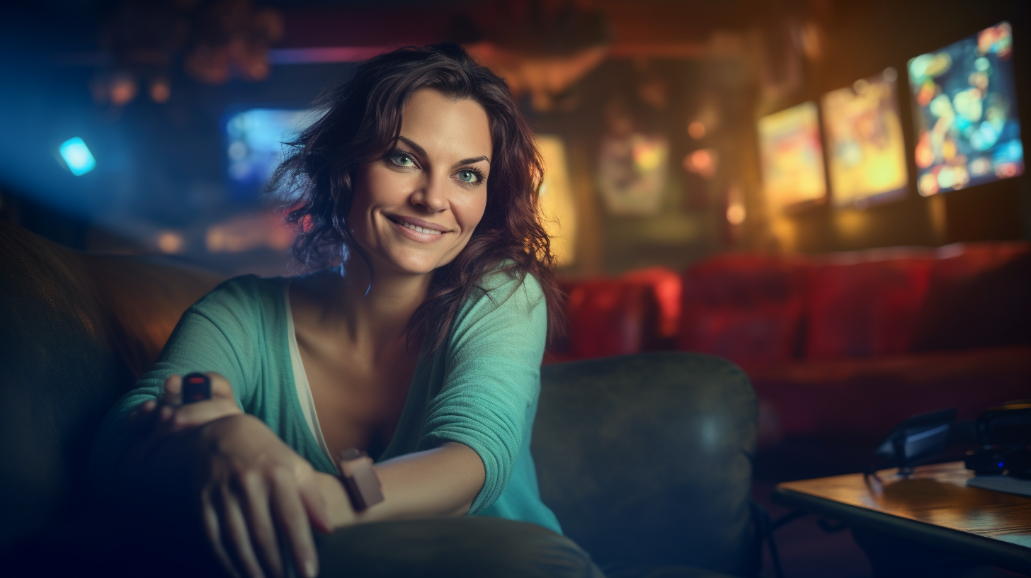 Curvy woman playing Xbox on the couch