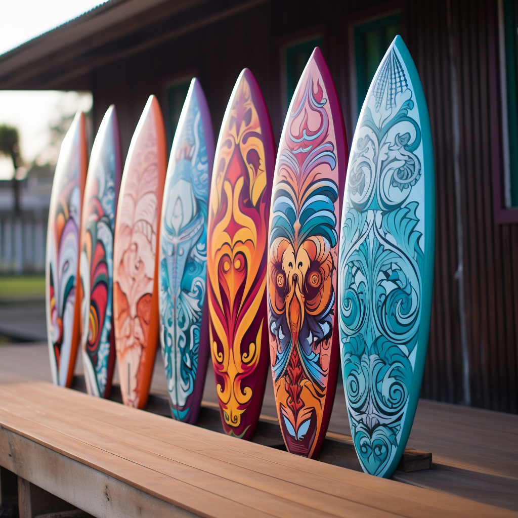 Custom surfboard with vibrant fiberglass artwork