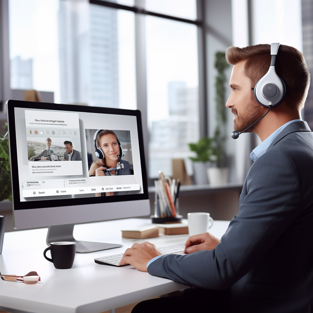 Customer service representative wearing a headset