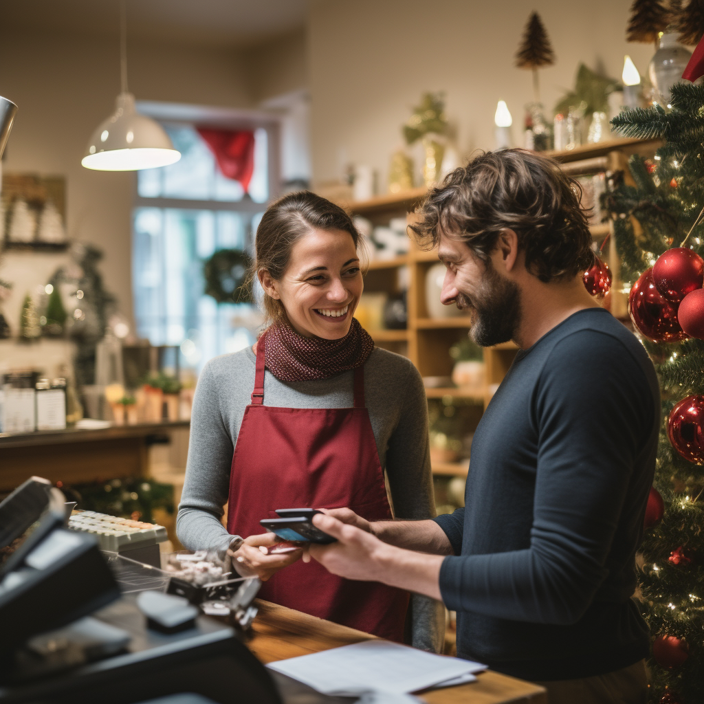 Small business owner and customer using credit card during Christmas