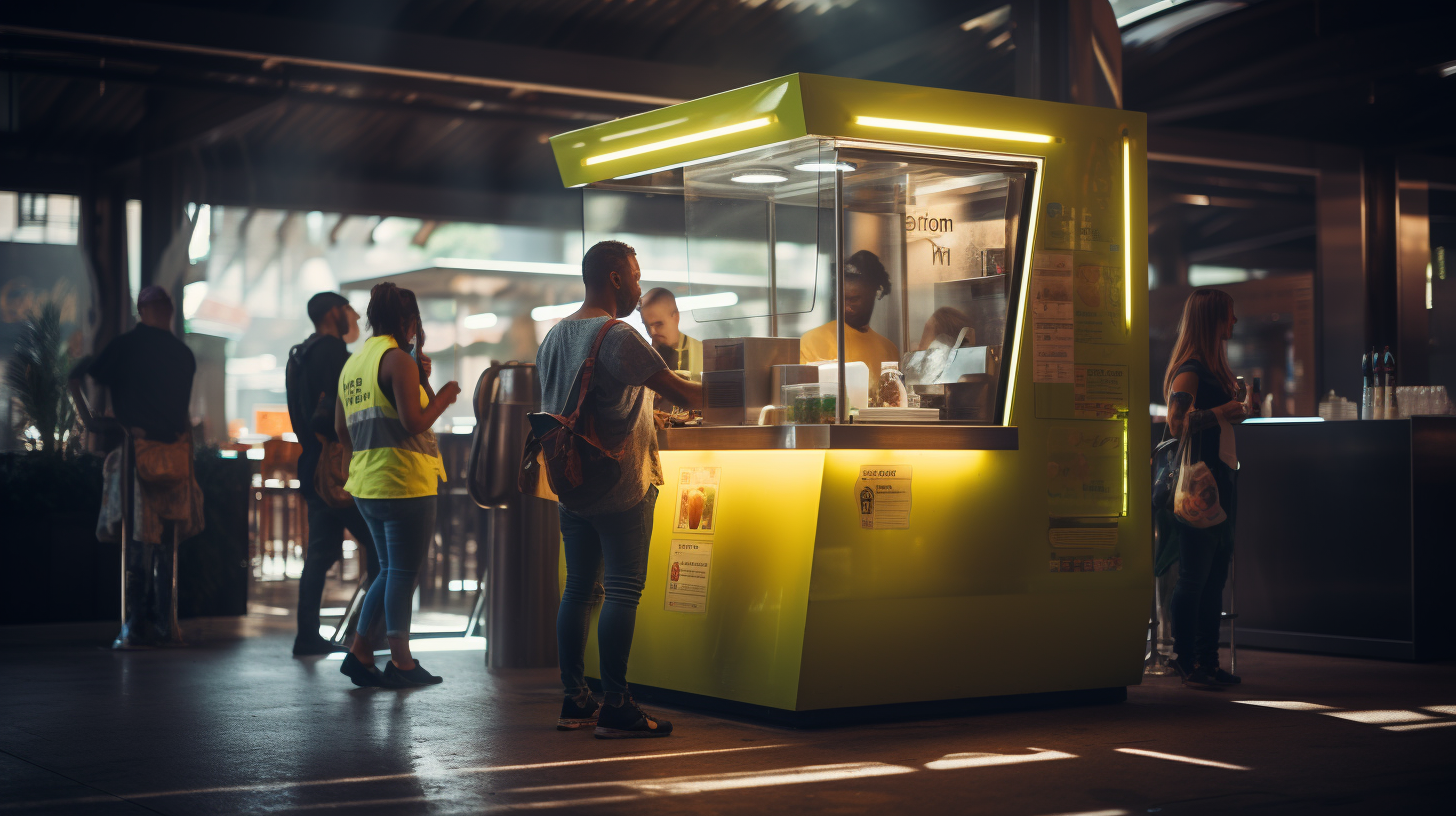 Customers wearing hi-vis in lunch kiosk