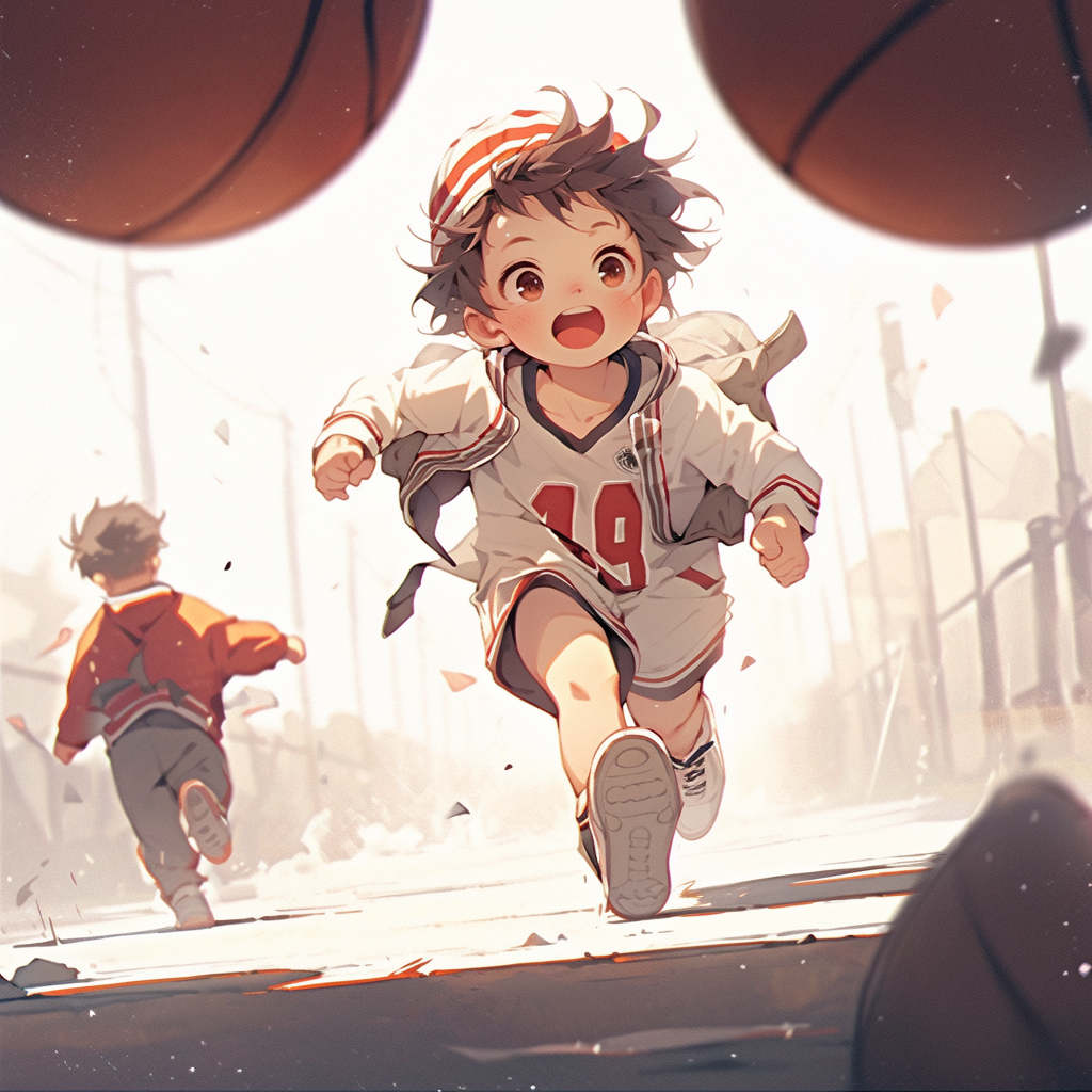 Active boys playing basketball outdoors