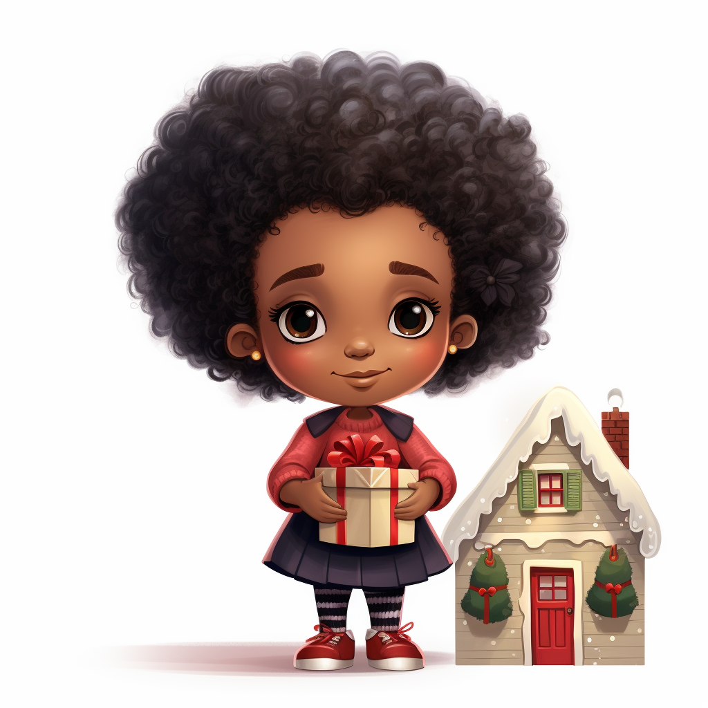 Cute Afro Puff Girl with Christmas Present