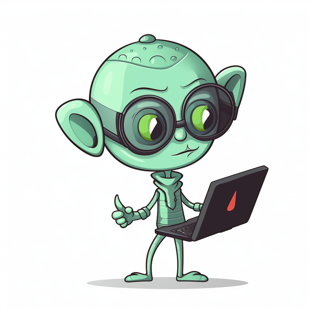 Cute alien developer with laptop waving hello