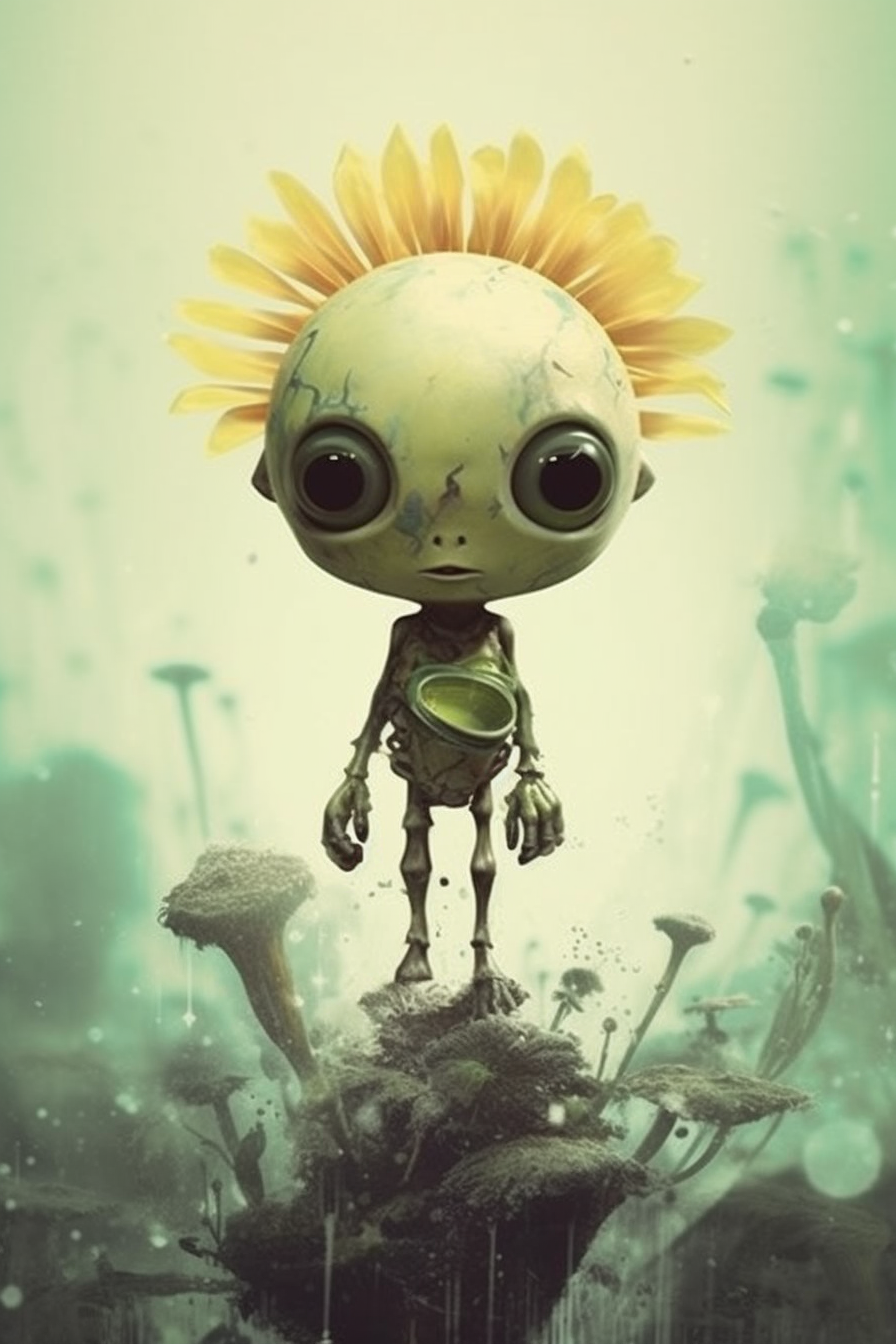 Adorable alien and flower double exposure