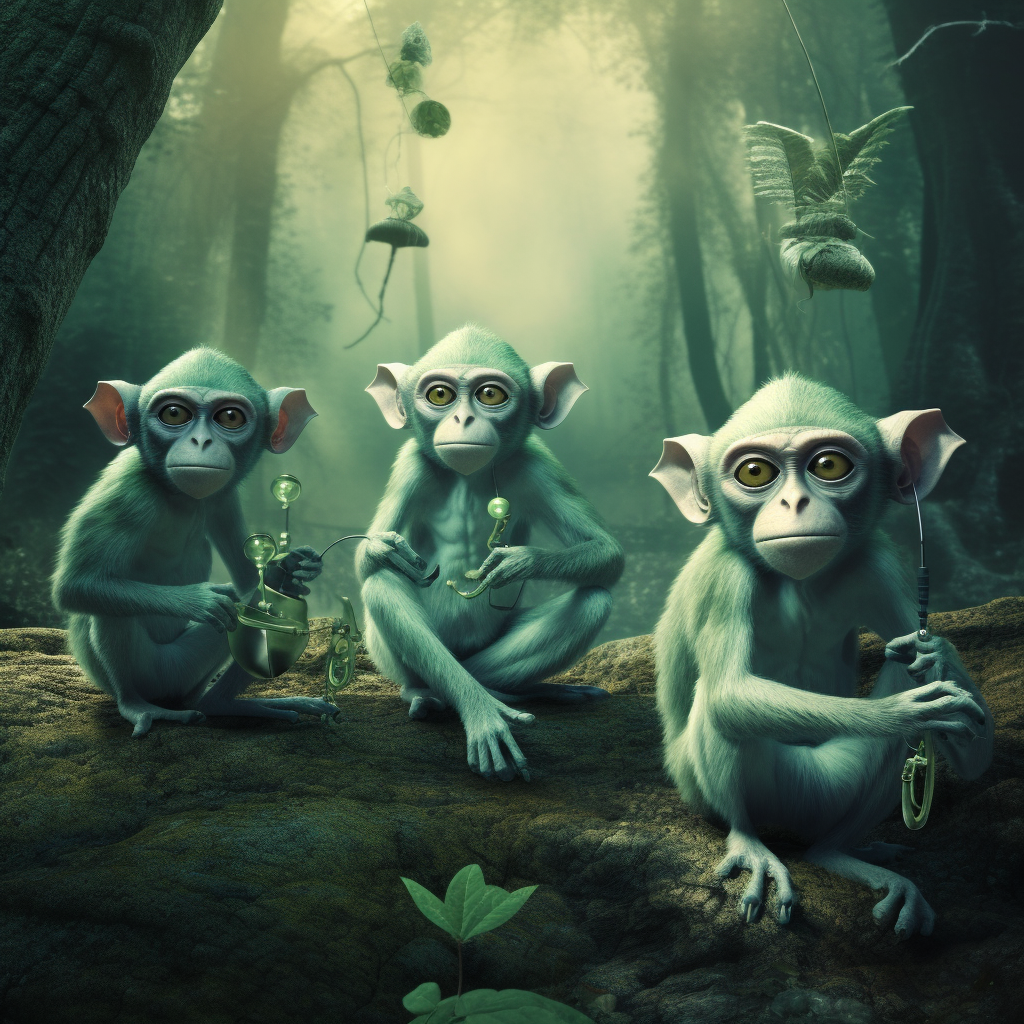 Cute alien monkeys in green forest