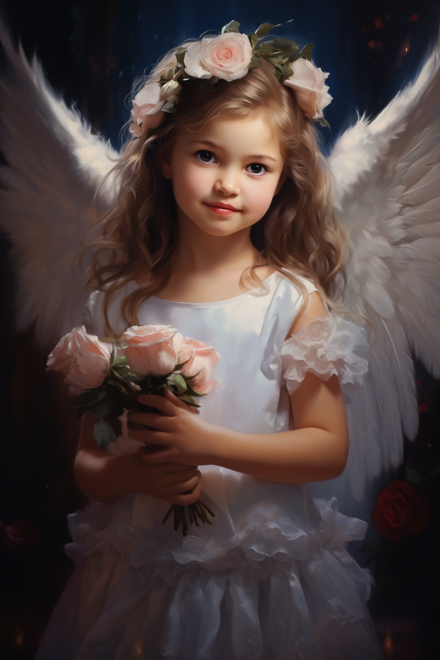 Adorable angel girl with wings and a rose