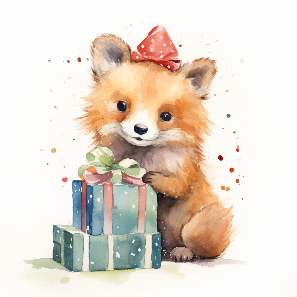 Cute animal holding present, wearing birthday hat