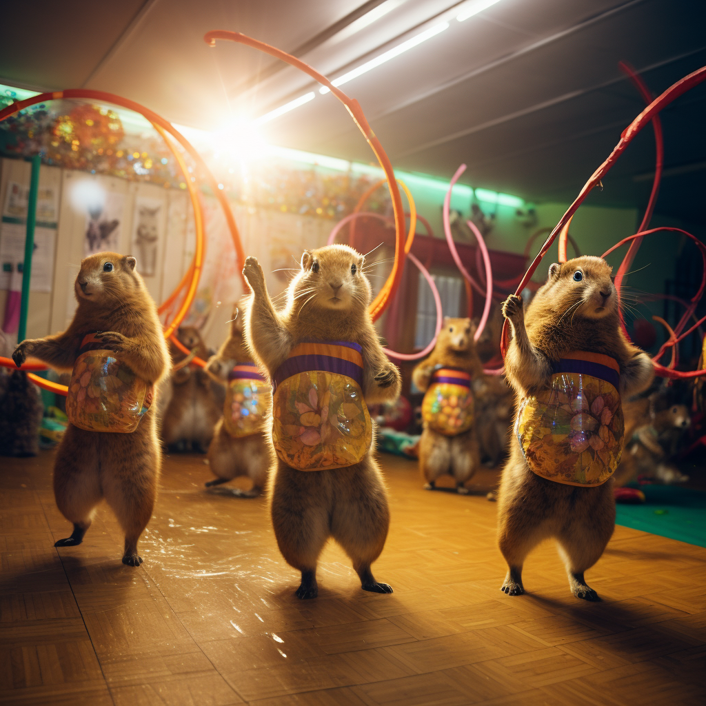 Multiple cute animals exercising with hula hoop