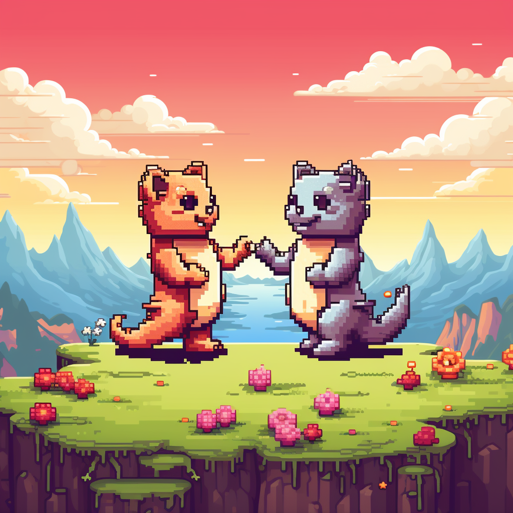 Pixel art illustration of dancing cute animals