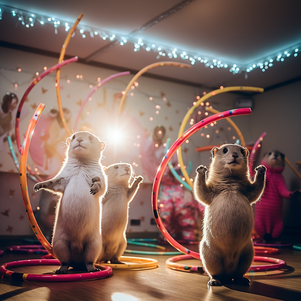 Multiple cute animals exercising with hula hoop