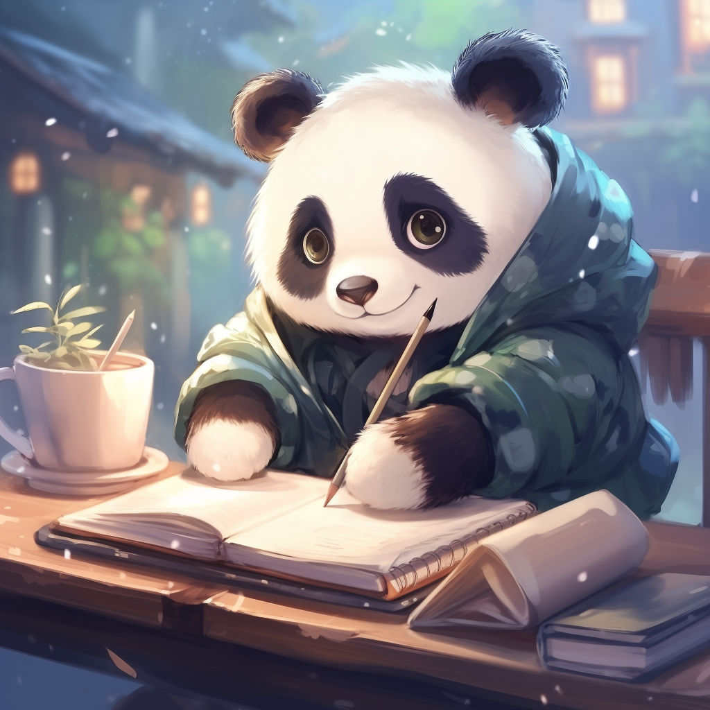 Cute anime panda writing a journal