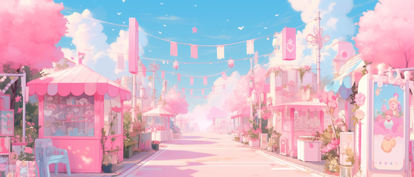 Cute anime street with blue skies