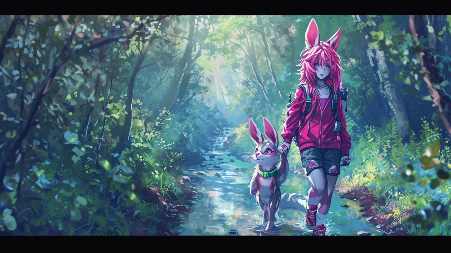 Cute Anthro Female Wolf and Bunny Walking in Forest