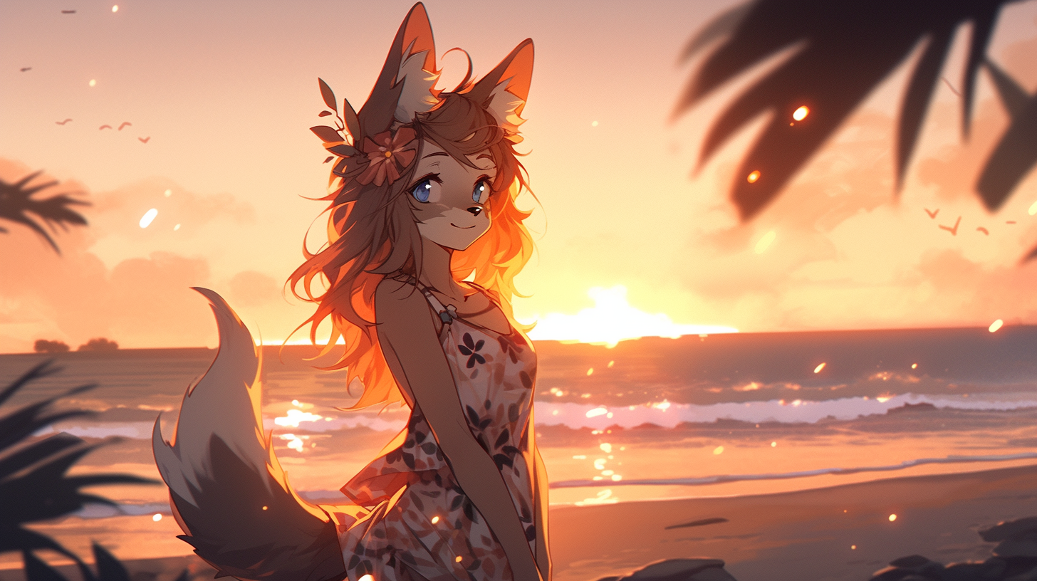 Cute Anthro Woman Fox Fluffy Fursona Beach Sunset