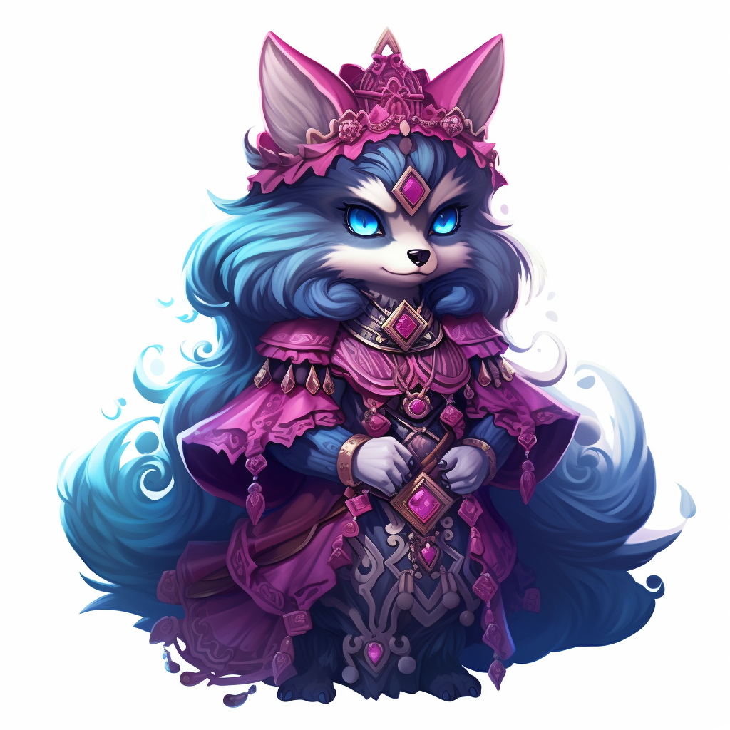 Cute wolf with magenta fur in blue dress