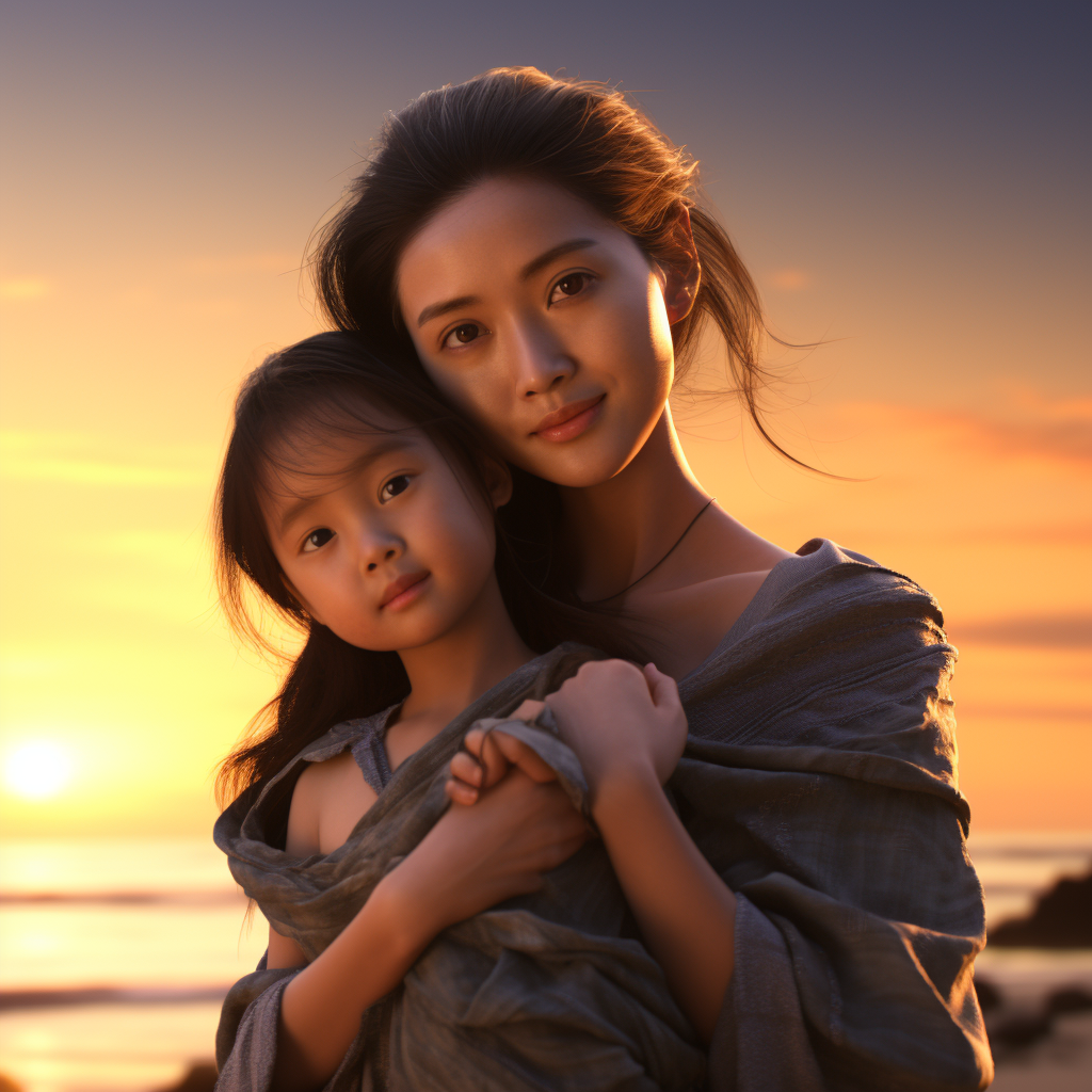 Two adorable Asian girls on the beach