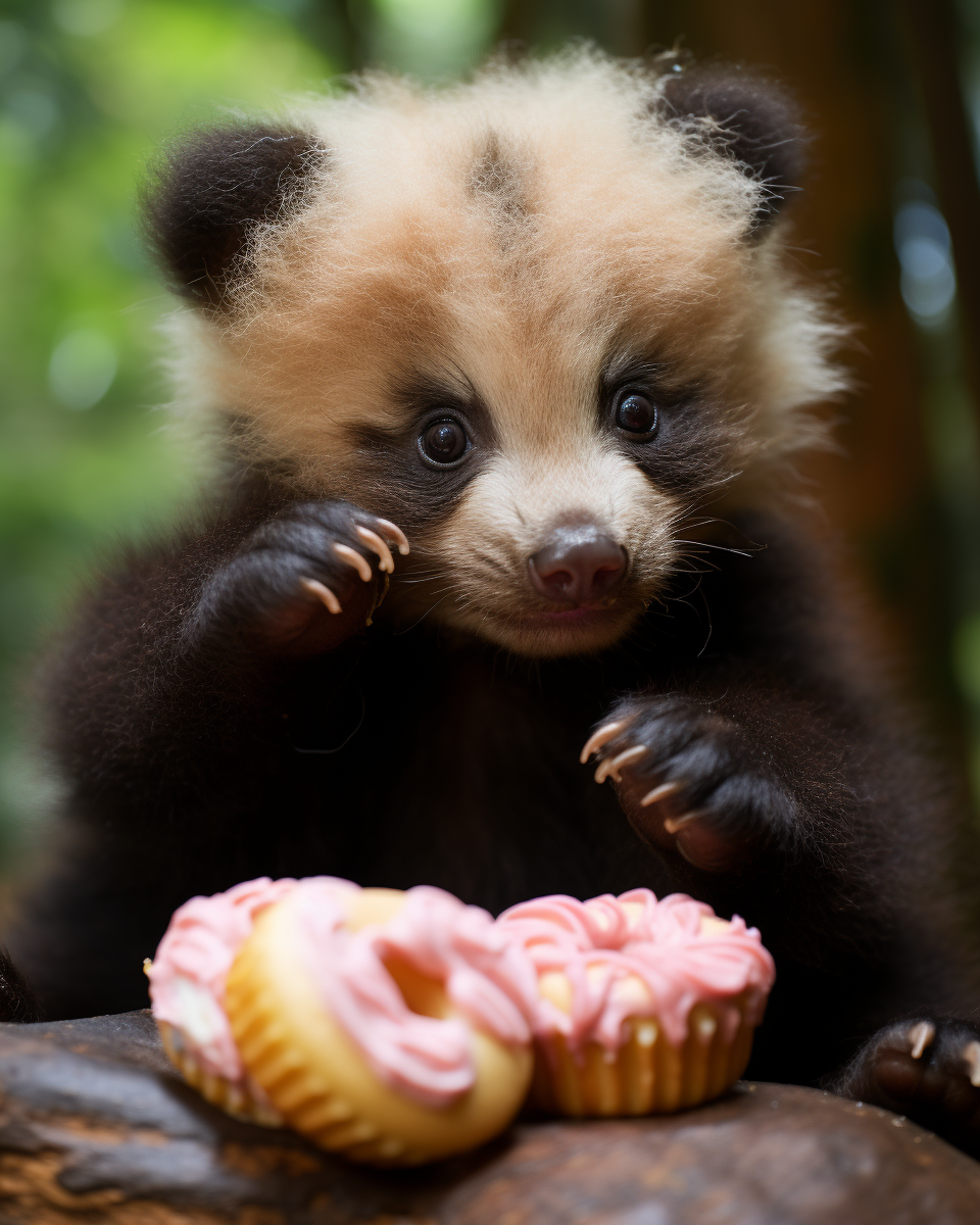 Adorable baby bear enjoying delicious pastries in Kauai jungle