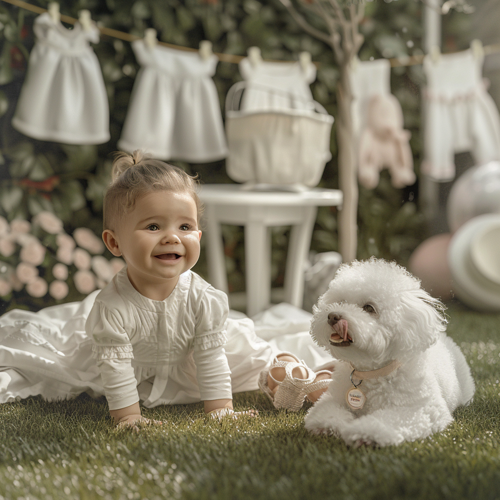 Baby and Bichon Frise Play