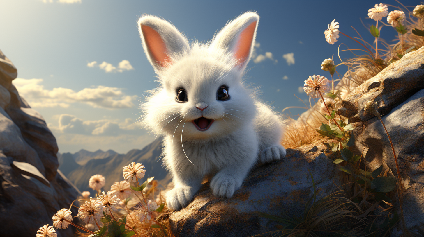 Cute baby cartoon albino rabbit playing