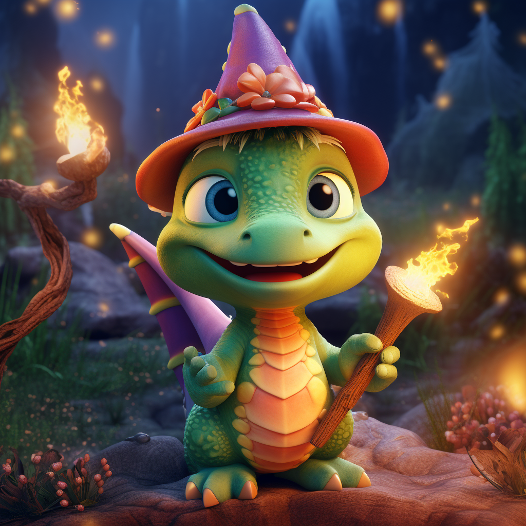 Cute baby dinosaur wizard in magical forest