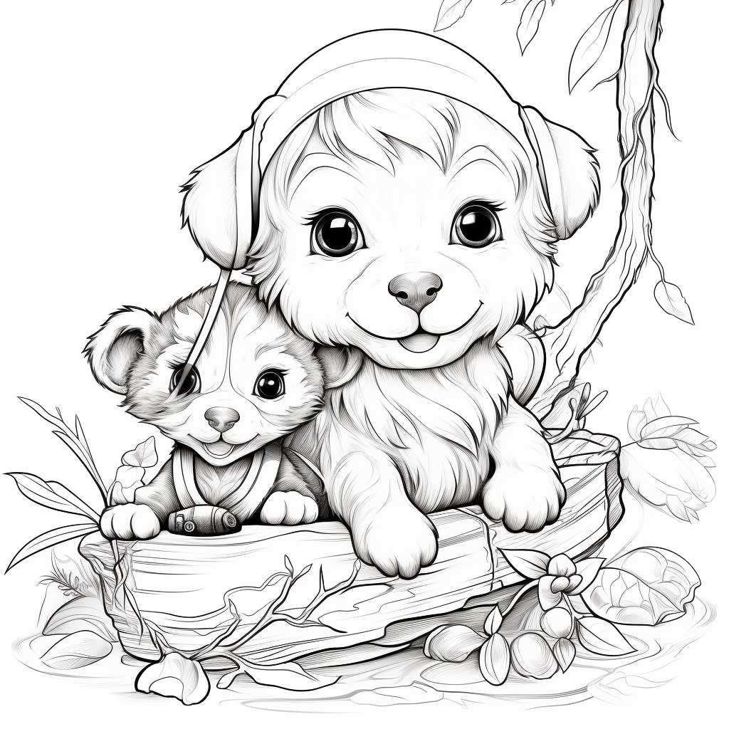 Cute baby dog, monkey, and otter on coloring book