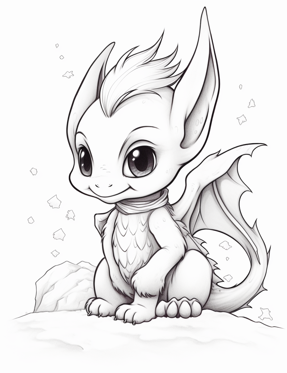 Adorable baby dragon sitting on snow