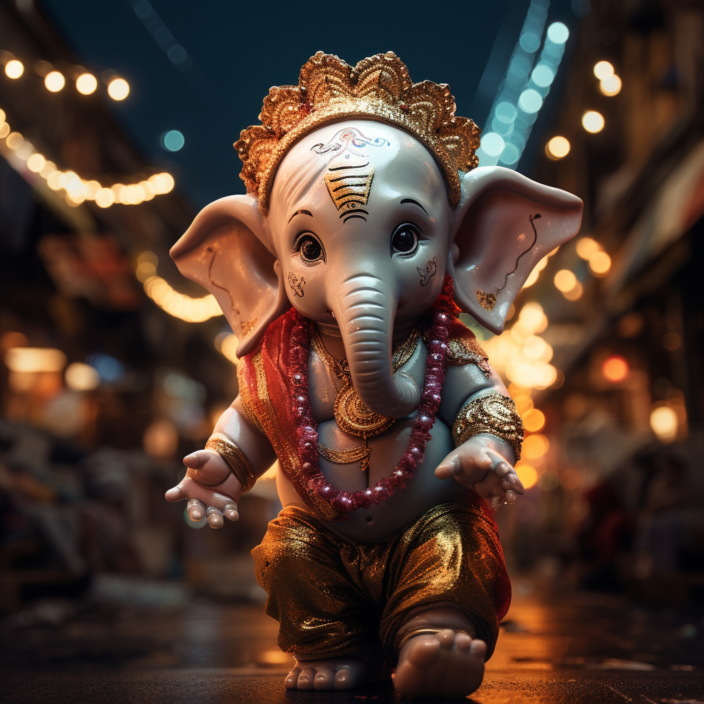 Hyper-realistic close-up portrait of cute baby Ganesha at night