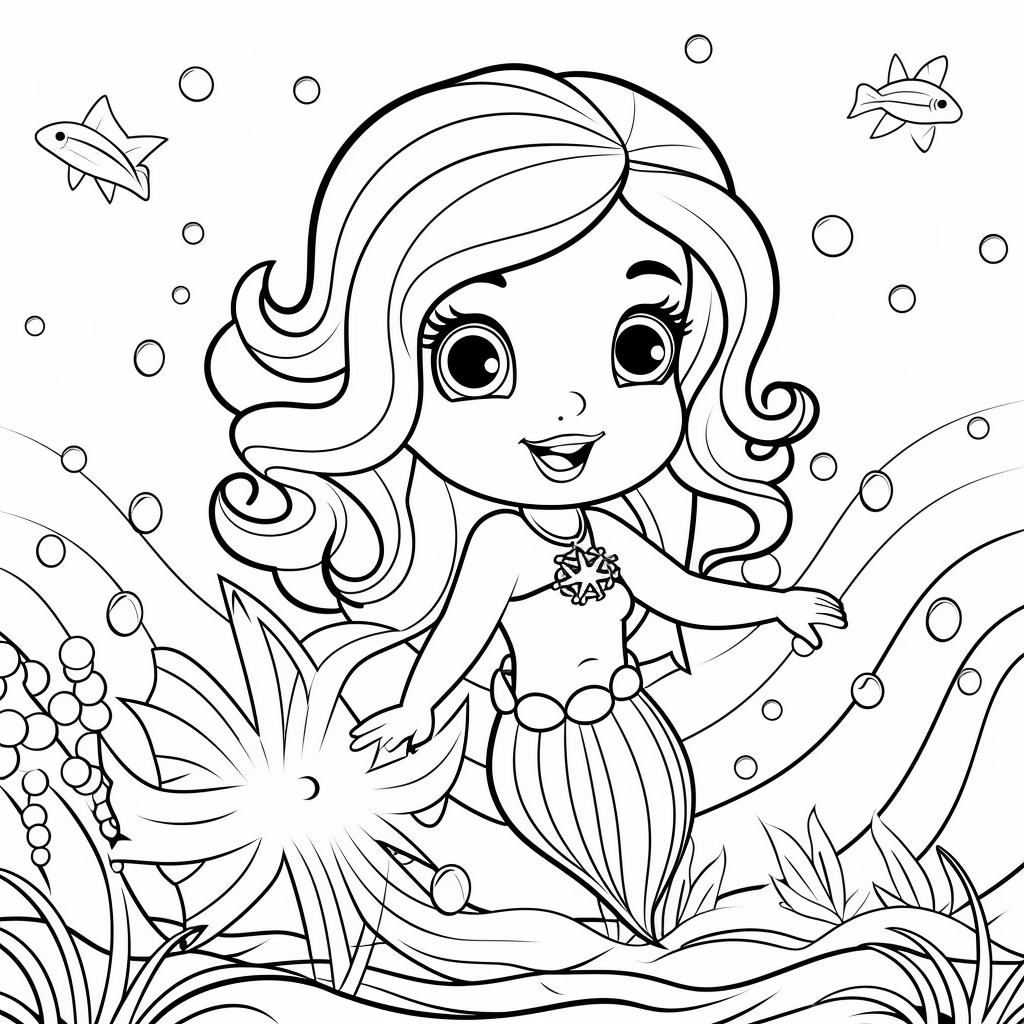 Cute baby mermaid coloring book page