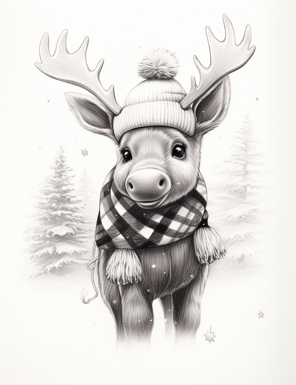 Cartoon pencil sketch of cute baby moose