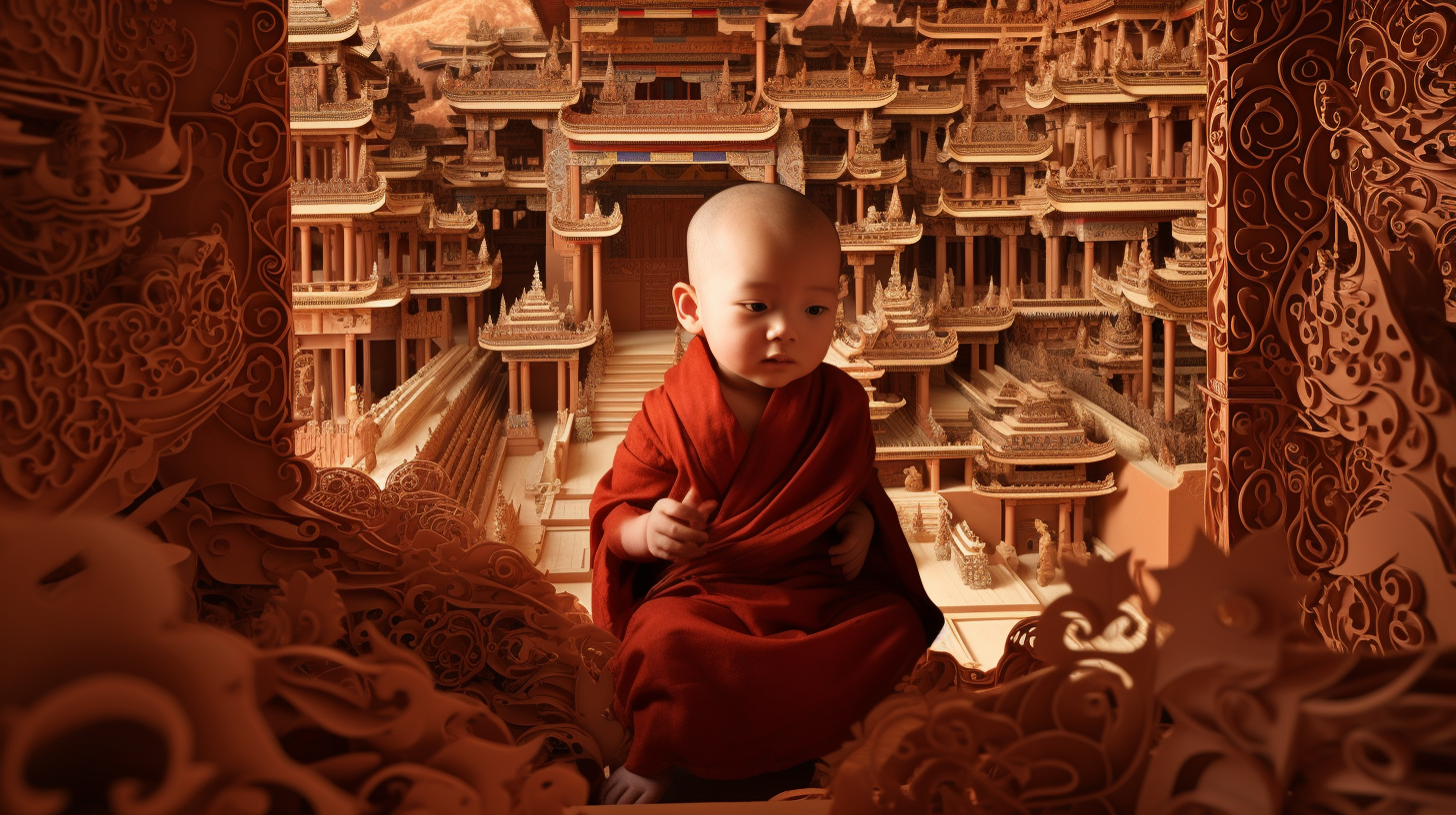 Image of a cute baby Tibetan monk in delicate paper cutouts