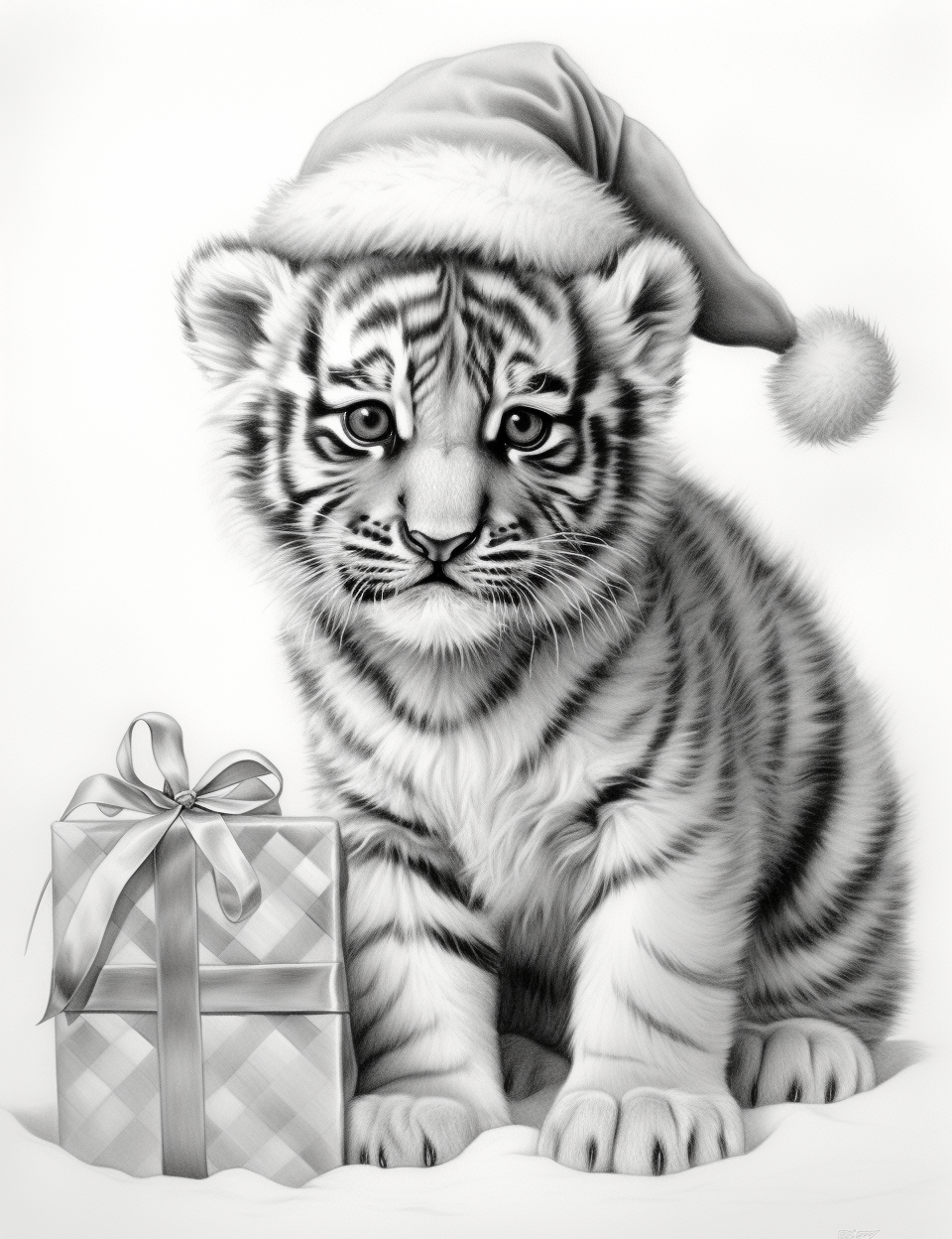 Cute baby tiger wearing Santa hat