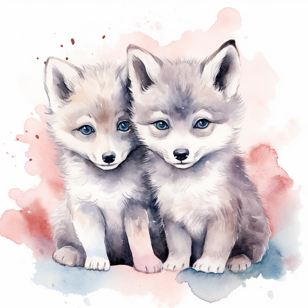 Cute baby wolf couple on watercolor background