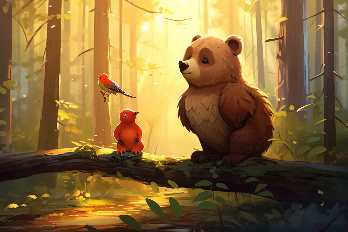 Cute bear and bird posing in forest