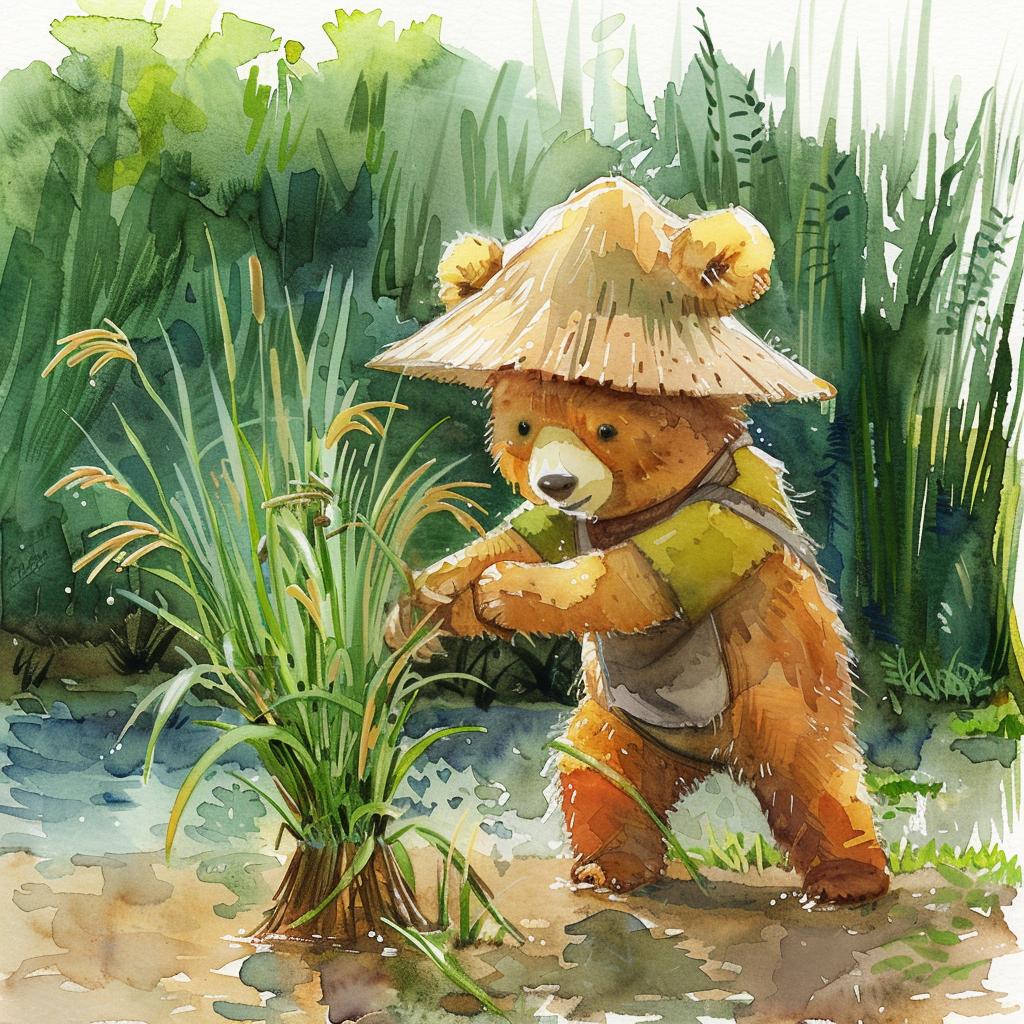 Cute Bear Planting Rice Illustration