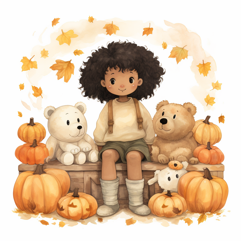 Cute bears and afro child in pumpkin patch