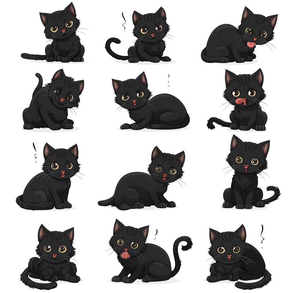 Cute Black Cat Poses White Background