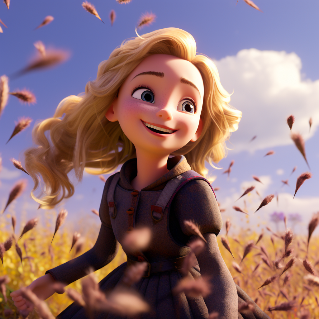 Cute blonde flying fast over lilac field on broom