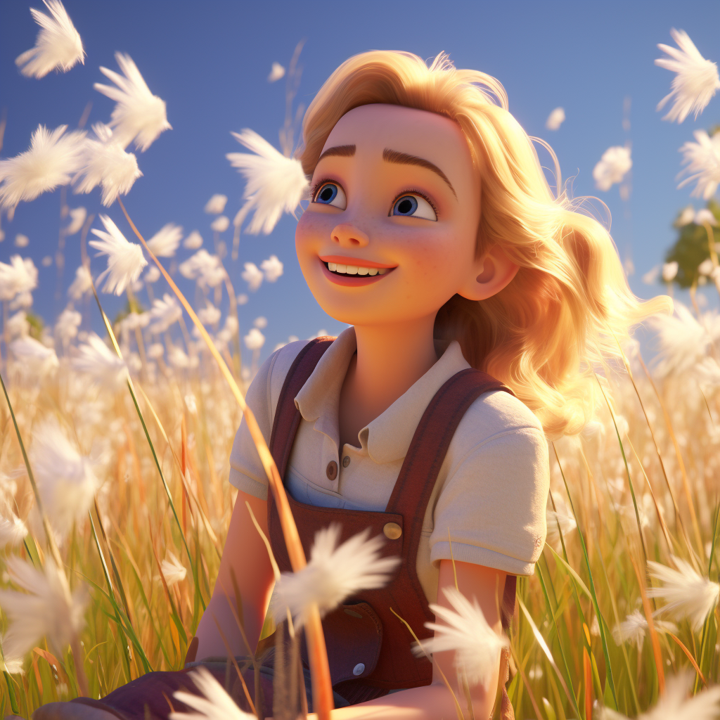 Blonde girl flying over lilac field on a broom