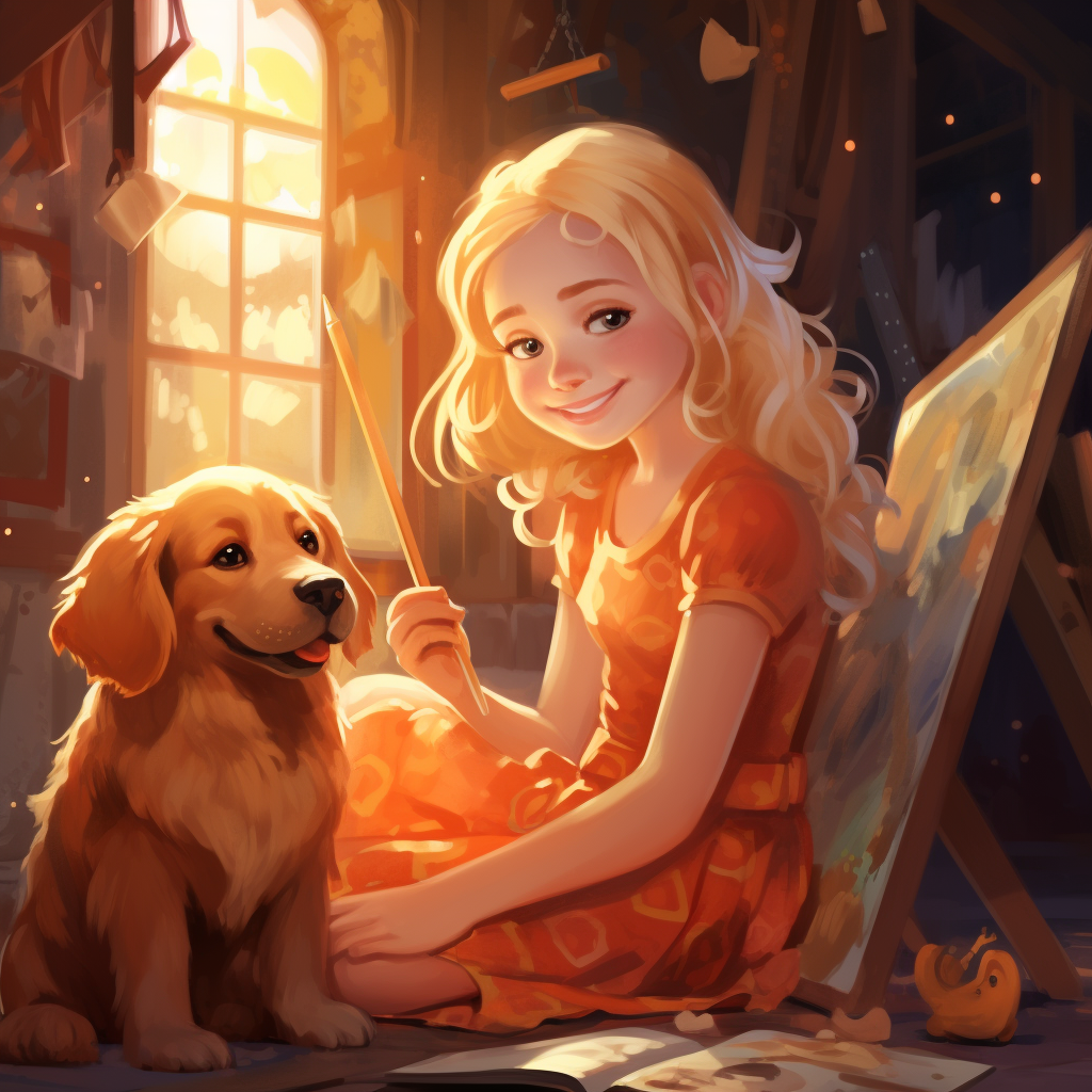 Cute blonde girl painting with orange lab dog