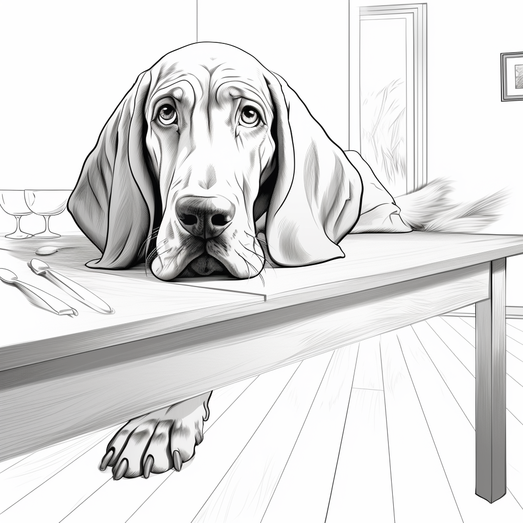 Cute bloodhound peeking over table