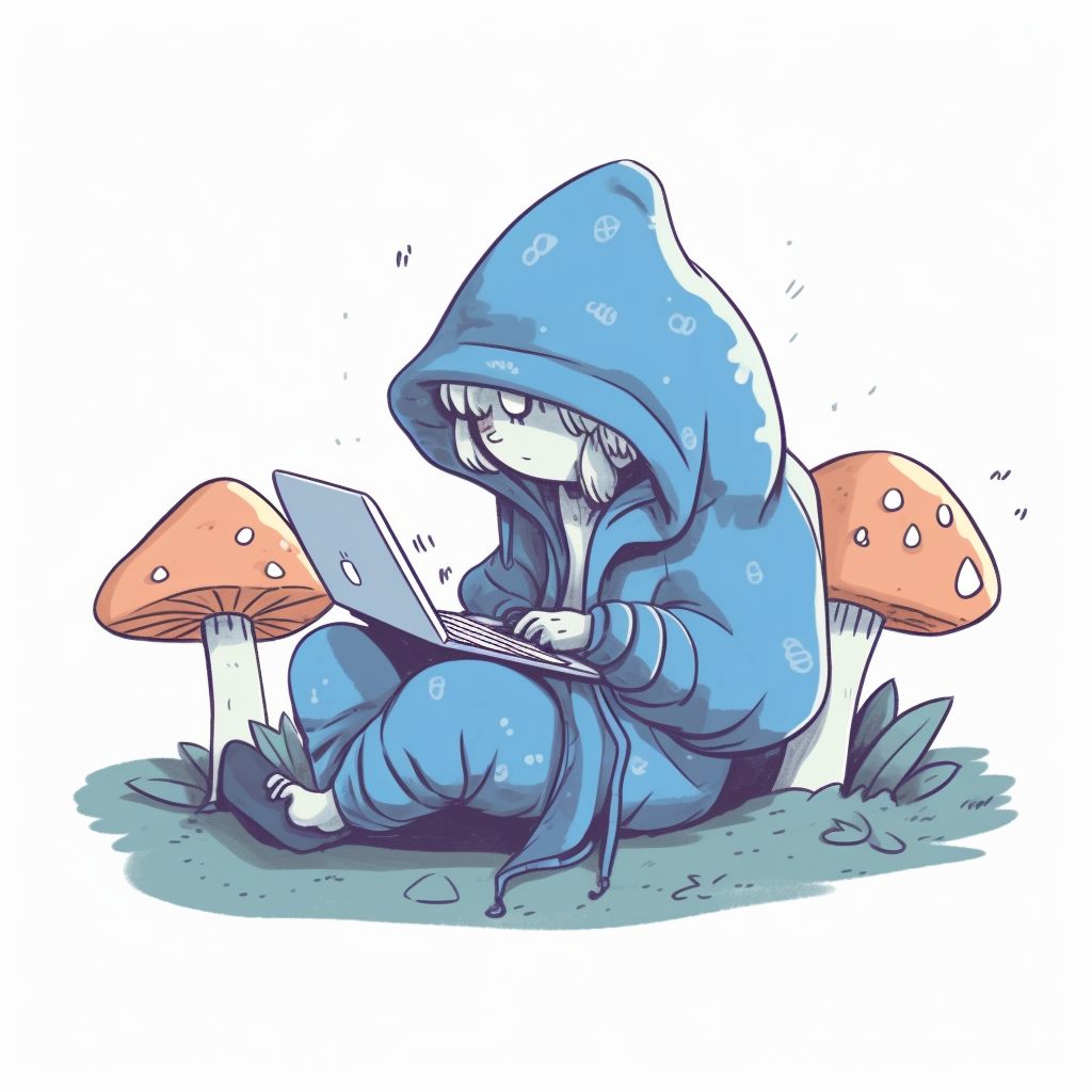 Cute blue mushroom with laptop in forest