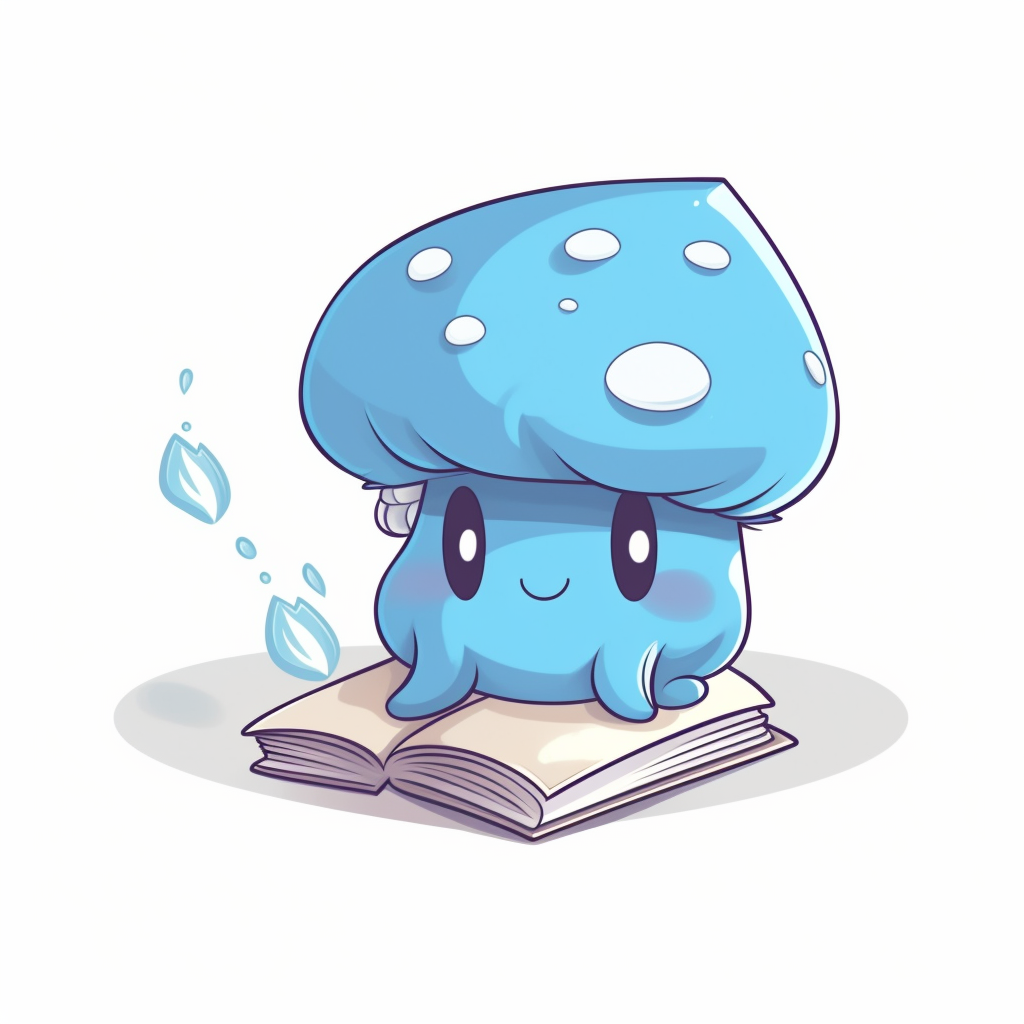 Cute blue mushroom on book working with laptop