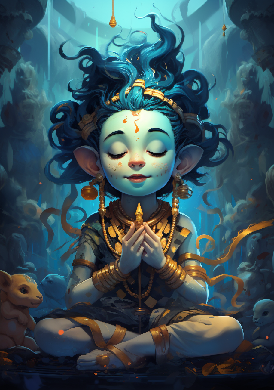 Cute blue-skinned baby god Shiva praying