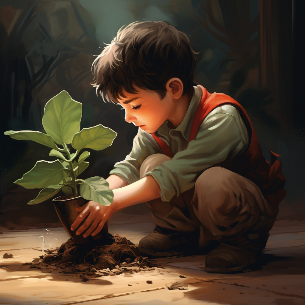 Young boy planting a plant