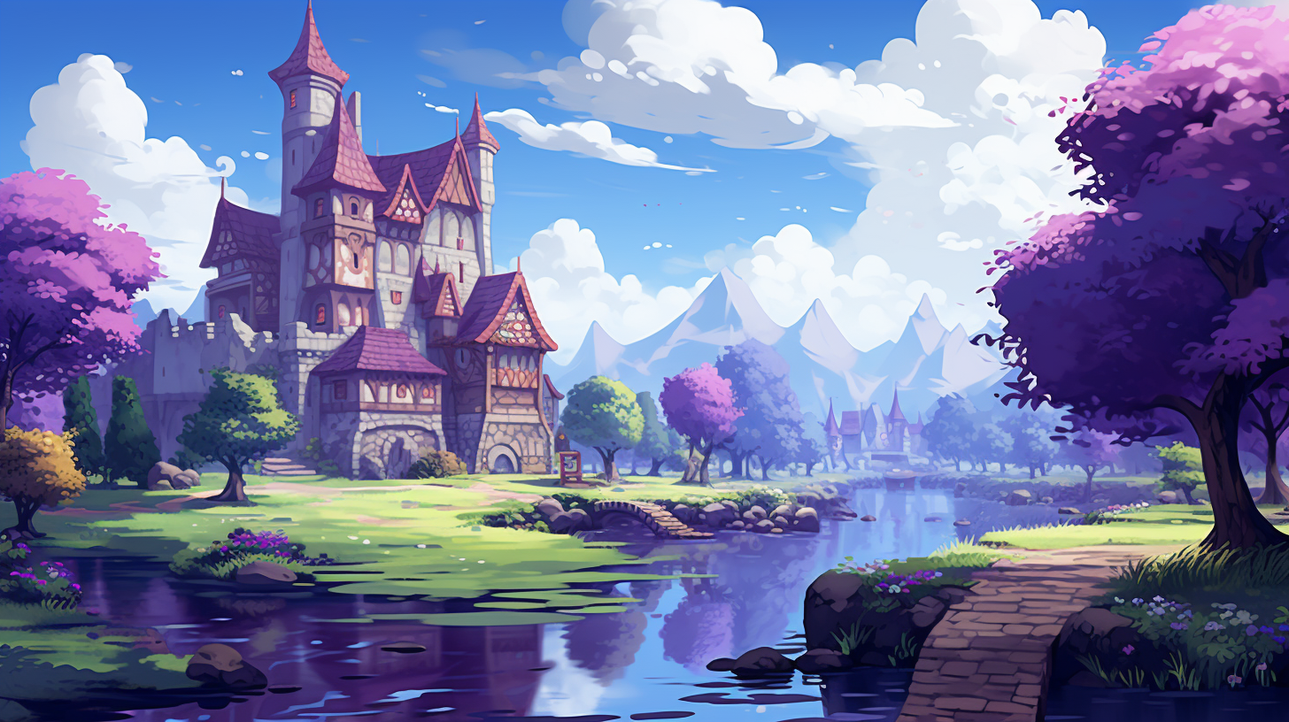 Beautiful purple pixel art village in daylight