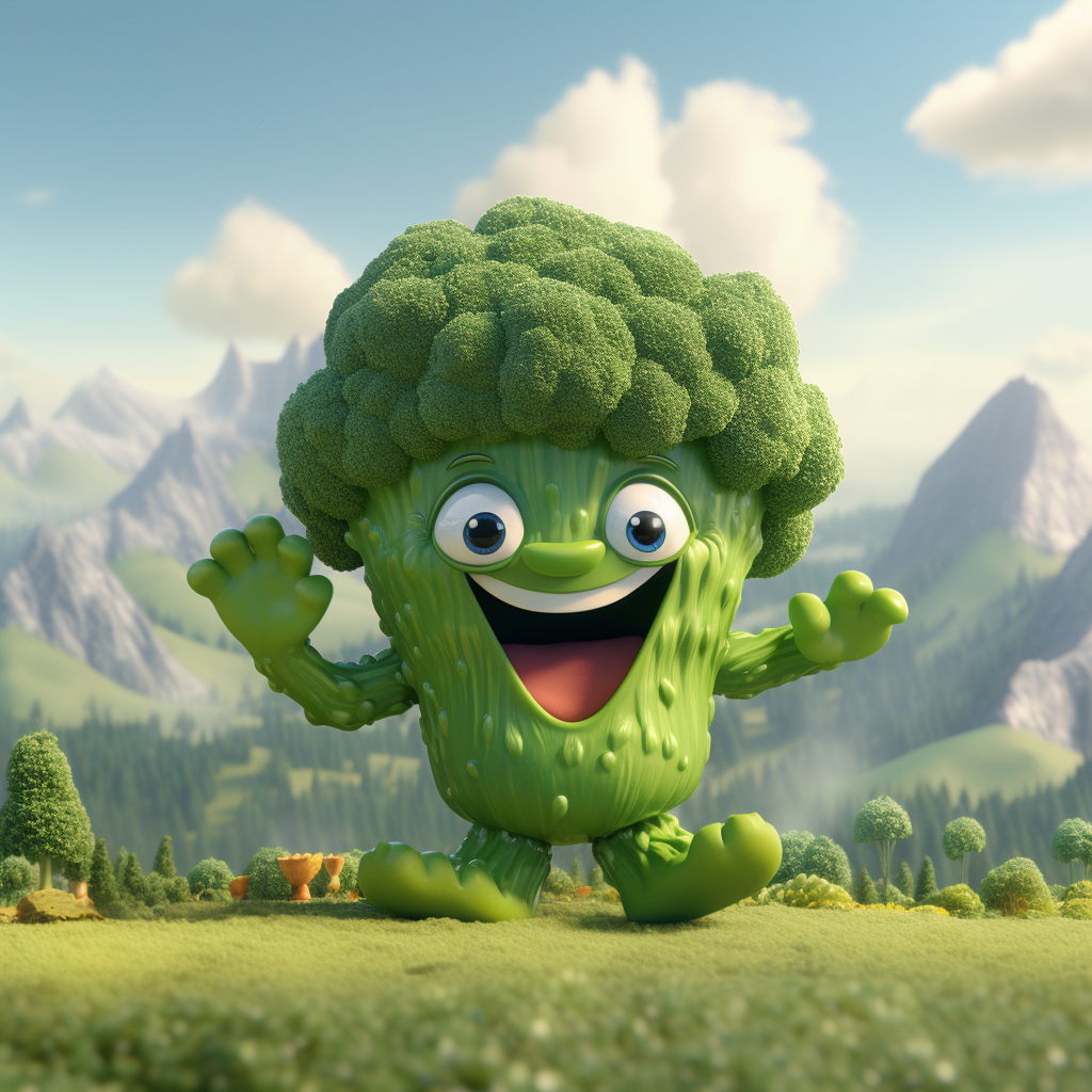 Cute broccoli moving a mountain with hands