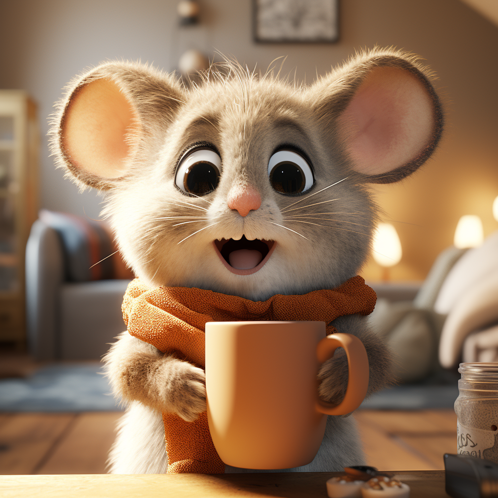 Chubby brown mouse savoring coffee