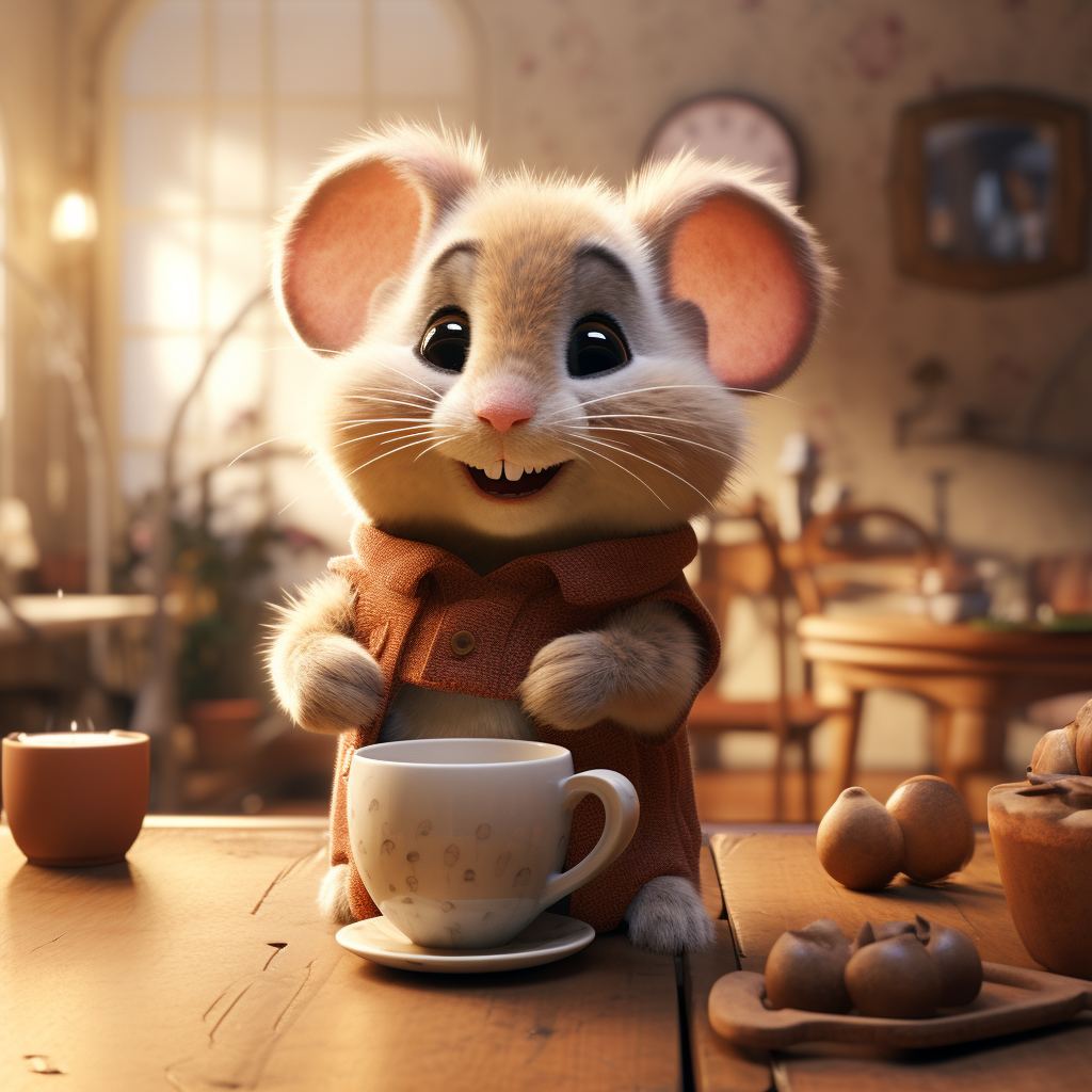 Chubby brown mouse enjoying a cup of coffee