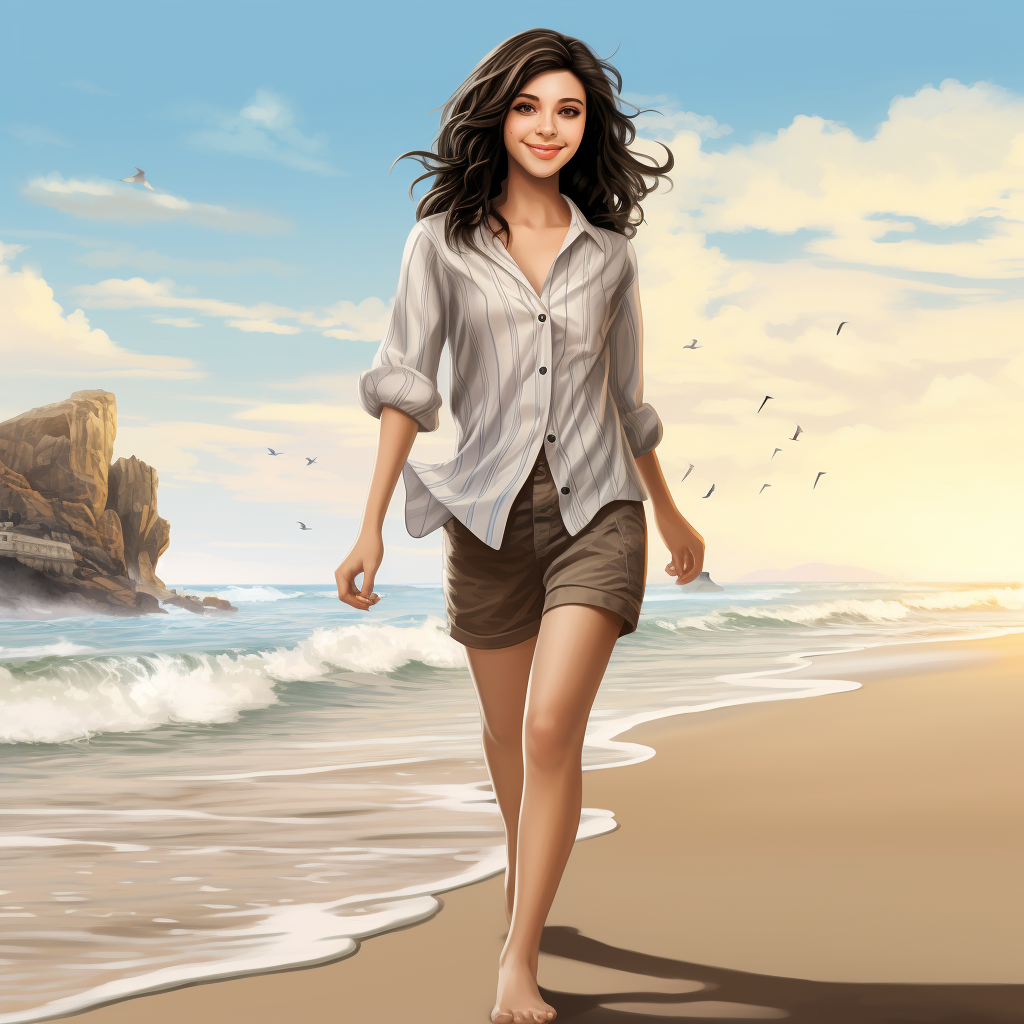 Cute brunette girl walking on beach